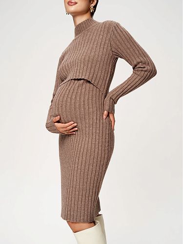 Платье для беременных и кормящих Беатрис осеннее теплое цвет коричневый/темно-бежевый  I Love Mum