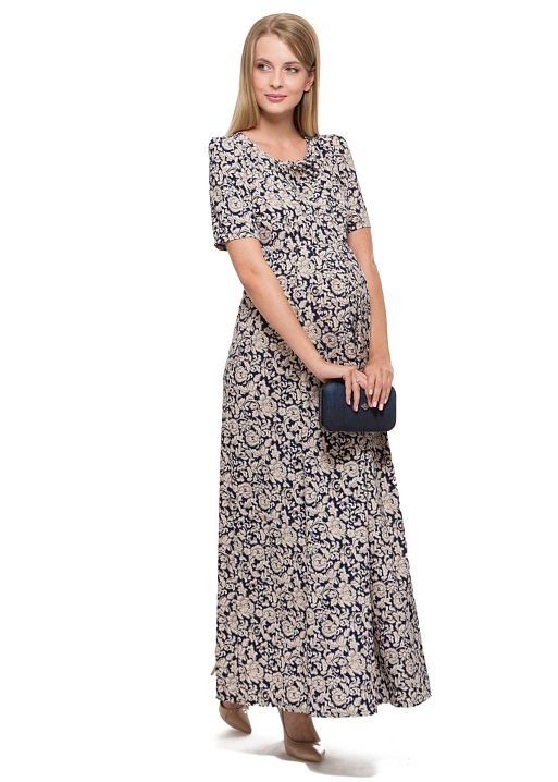 Платье Мелисса синее с бежевыми цветами для беременных и кормящих I Love Mum 1