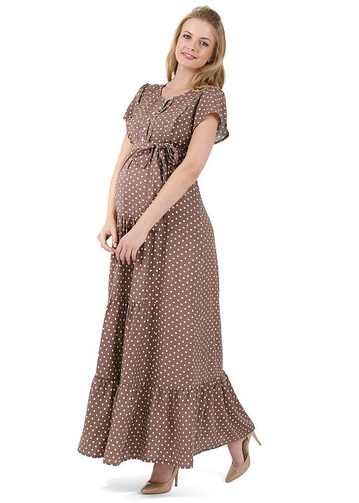 Платье длинное Мелитта для беременных и кормящих кофейный горох I Love Mum 1