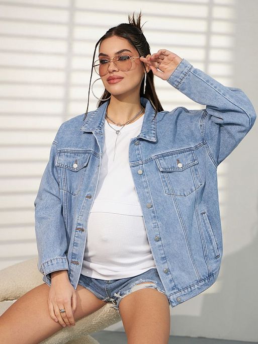 Джинсовая куртка со стразами оверсайз для беременных Дакота I Love Mum 3