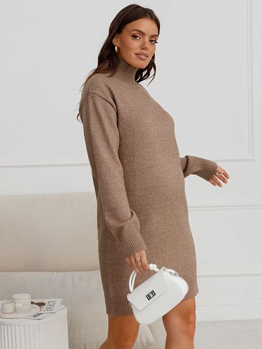 Платье-свитер трикотажное для беременных на осень цвет кофейный  I Love Mum