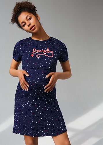 Ночная сорочка Медина для беременных и кормящих цвет сердечки на синем   I Love Mum
